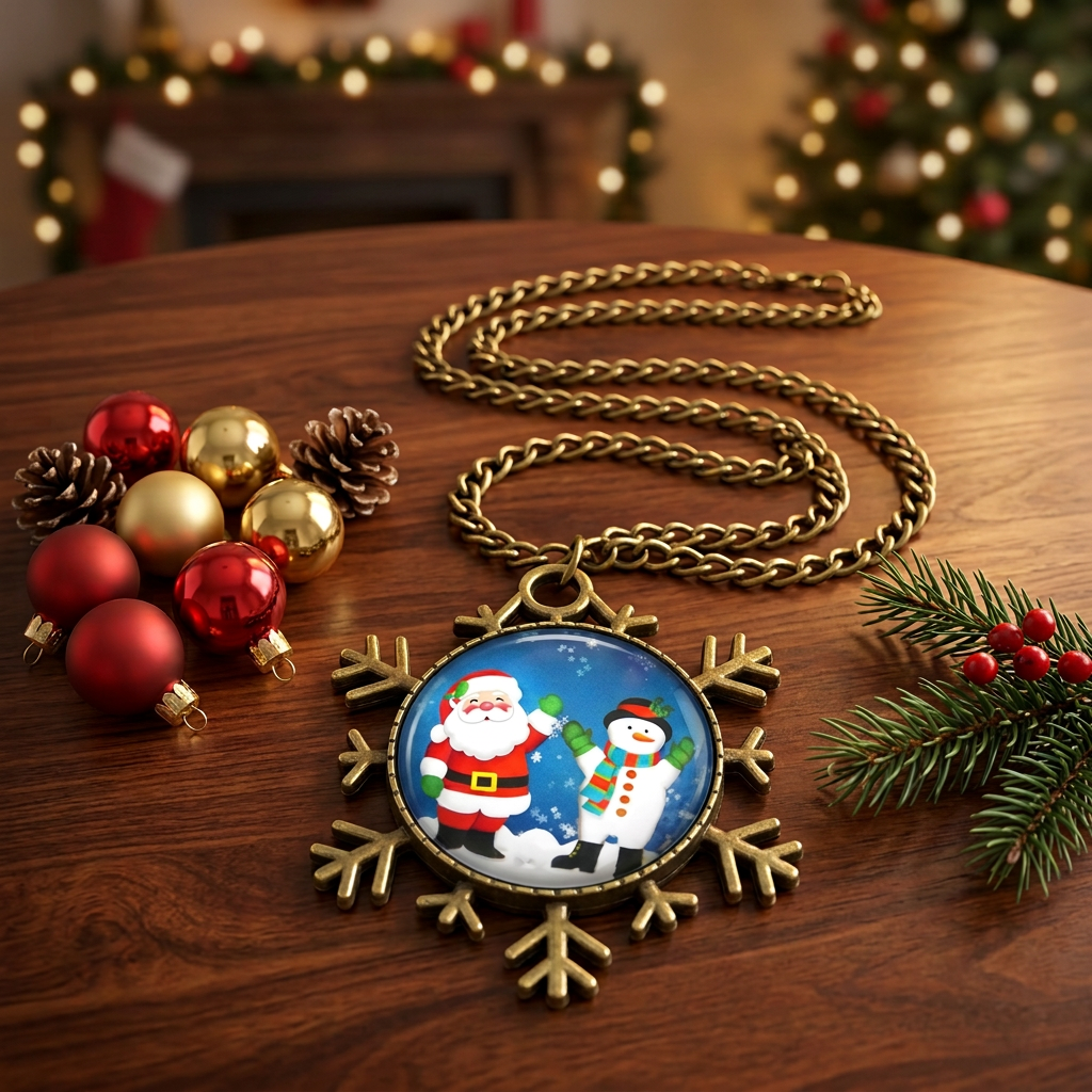 Santa Claus and Snowman Christmas Snowflake Necklace beside Christmas ornaments