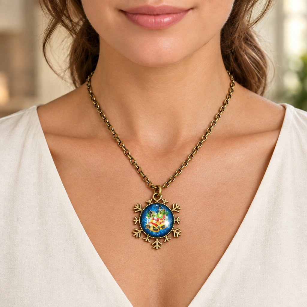 Christmas Bells Cabochon Pendant Necklace On A Woman