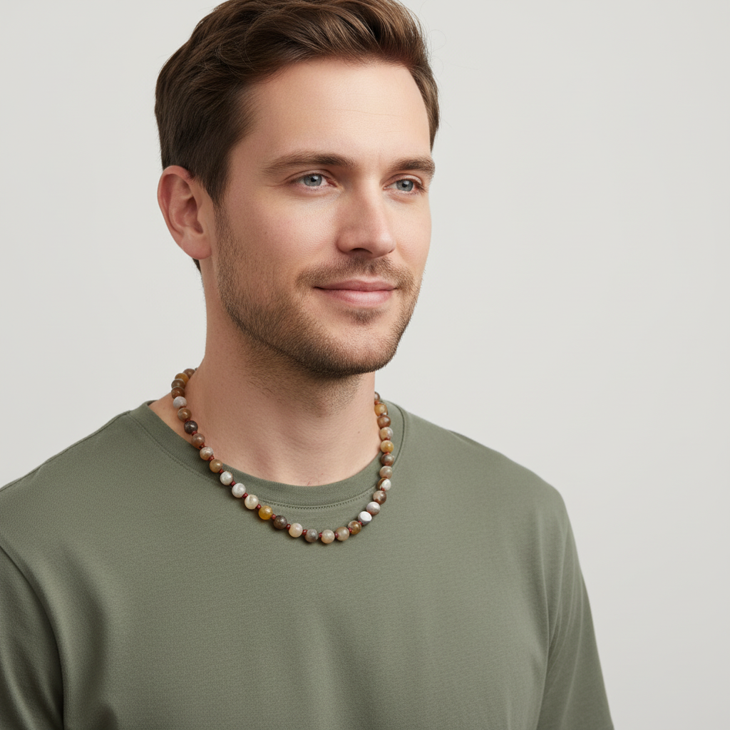 Orange Gray Agate Necklace On A Man.