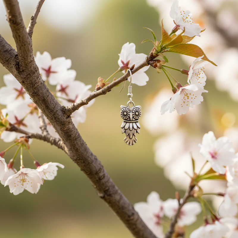 Owl Silver Textured Dangle Earrings on Branch with Flowers