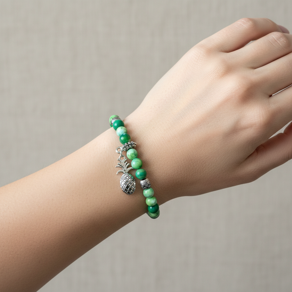 Parrot Green Fire Agate Beaded Pineapple Bracelet On A Womans Wrist.