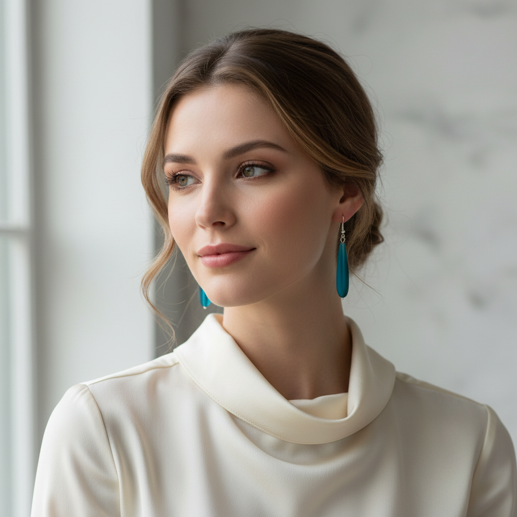 Peacock Blue Glass Dangle Teardrop Earrings On A Woman.