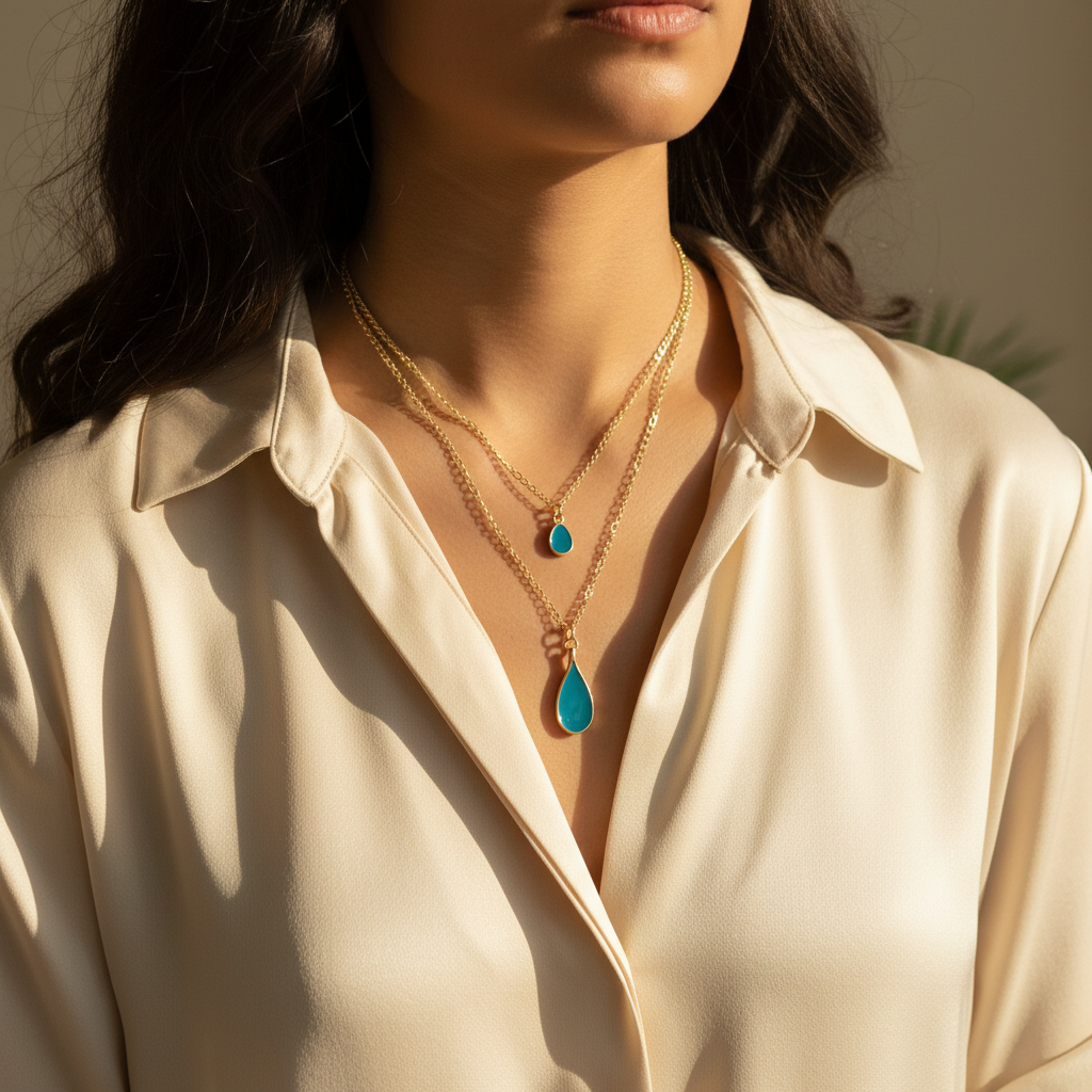 Peacock Enamel Teardrop Layered Gold Chain Necklace On A Woman.