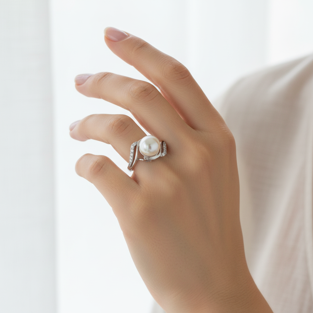 Pearl and CZ Sterling Silver Ring On A womans hand.