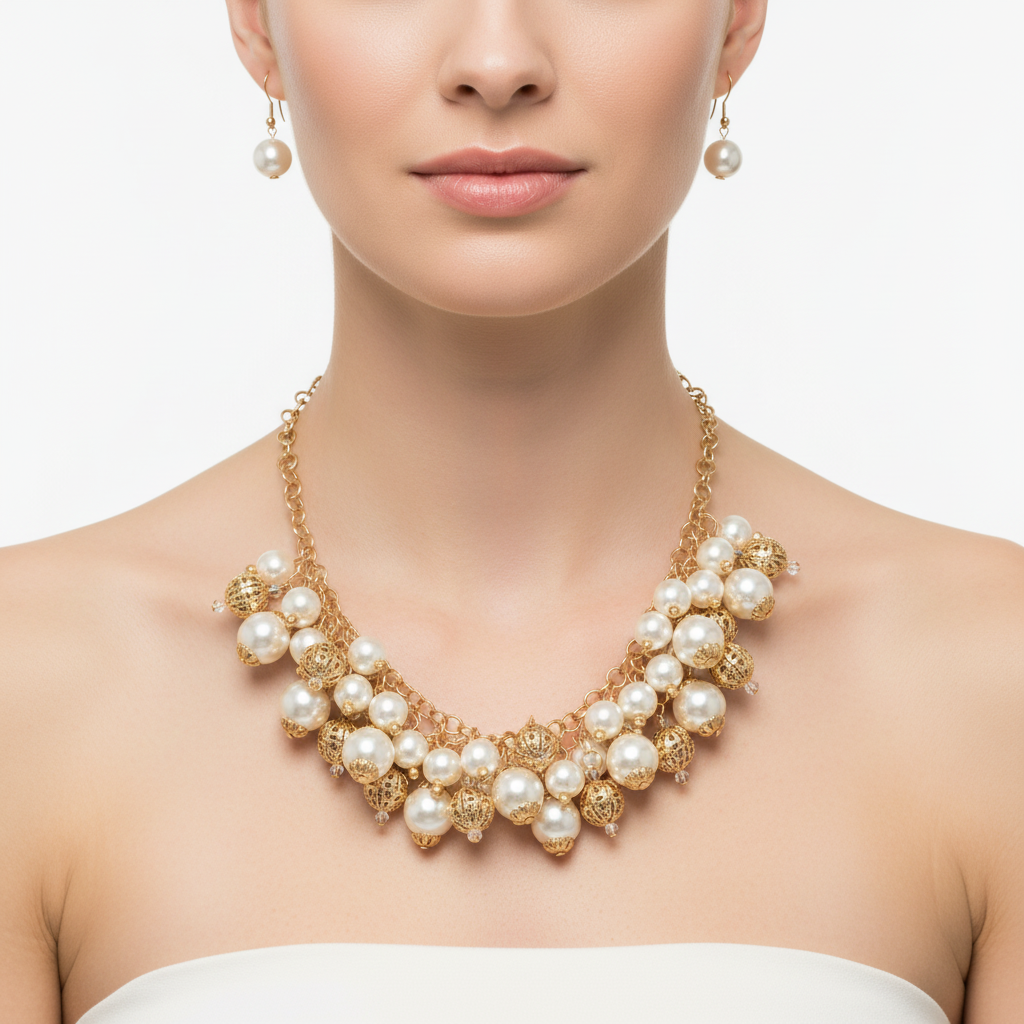 Pearl and Gold Beaded Statement Necklace On A Model.