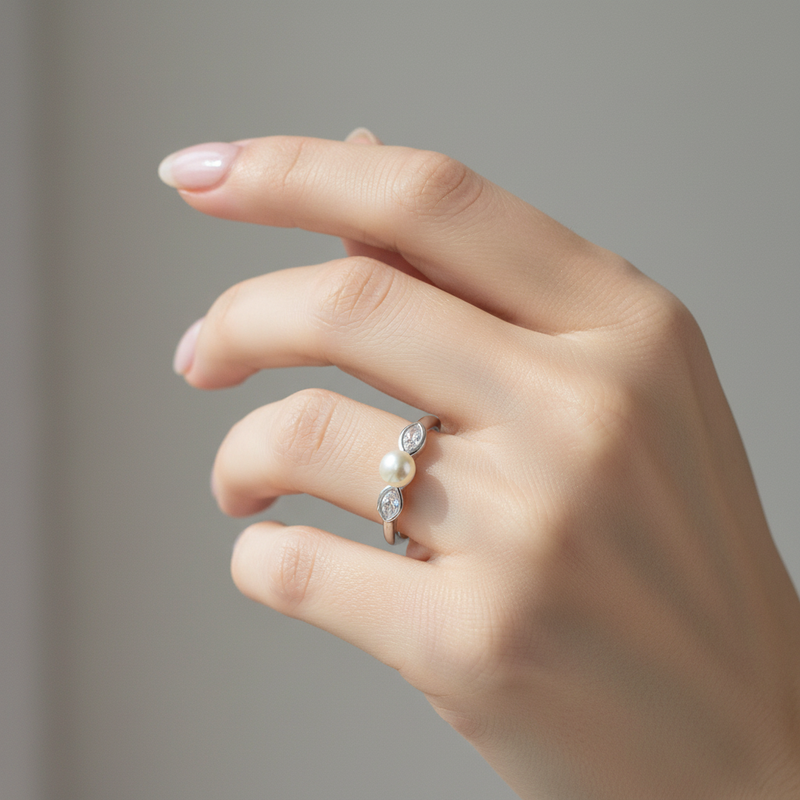Pearl Floral Sterling Silver Ring On A Womans Hand.