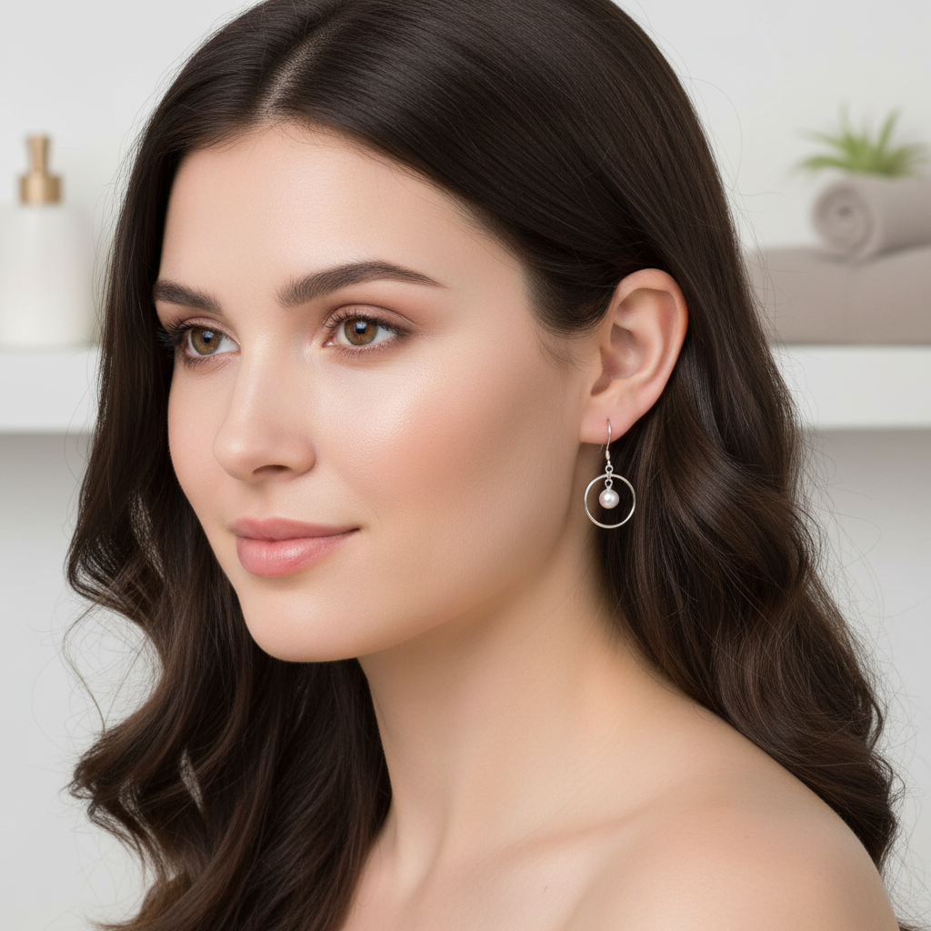 Pearl Sterling Silver Hoop Dangle Earrings On A Woman.