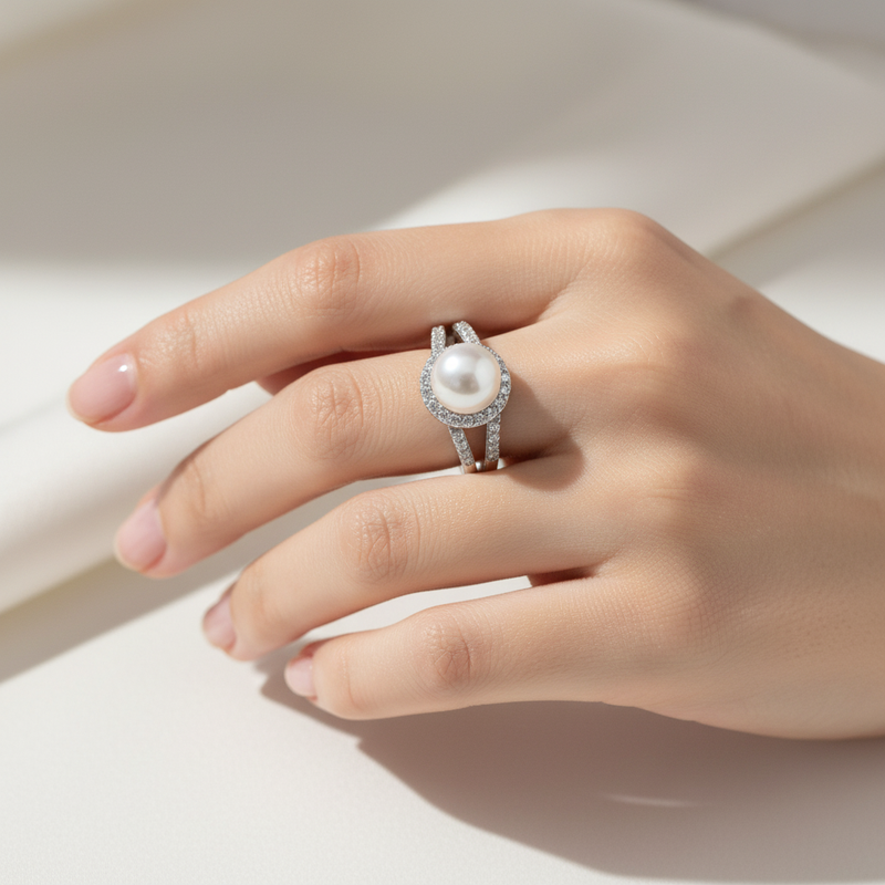 Pearl Wrapped CZ Sterling Silver Ring On A Womans Hand.