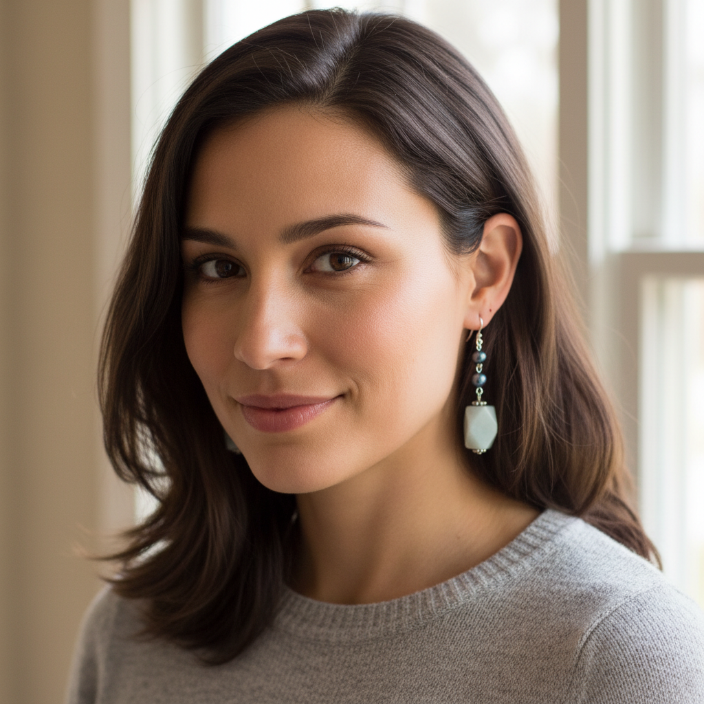 Amazonite and Blue Potato Pearls Dangle Earrings On A Woman Model.
