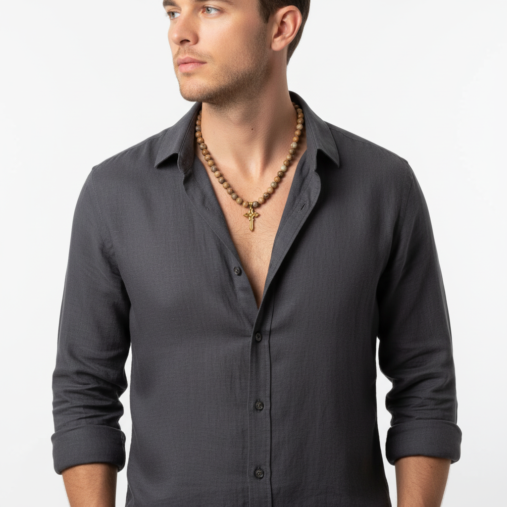 Picture Jasper Necklace On a Man.