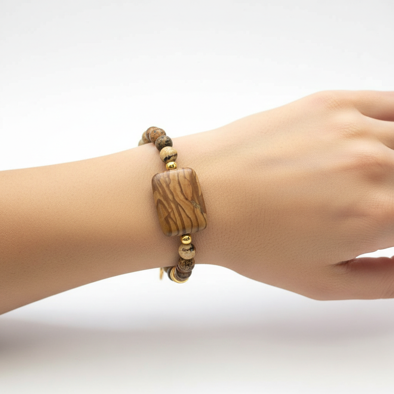 Picture Jasper Stone Beaded Bracelet On A Wrist. 