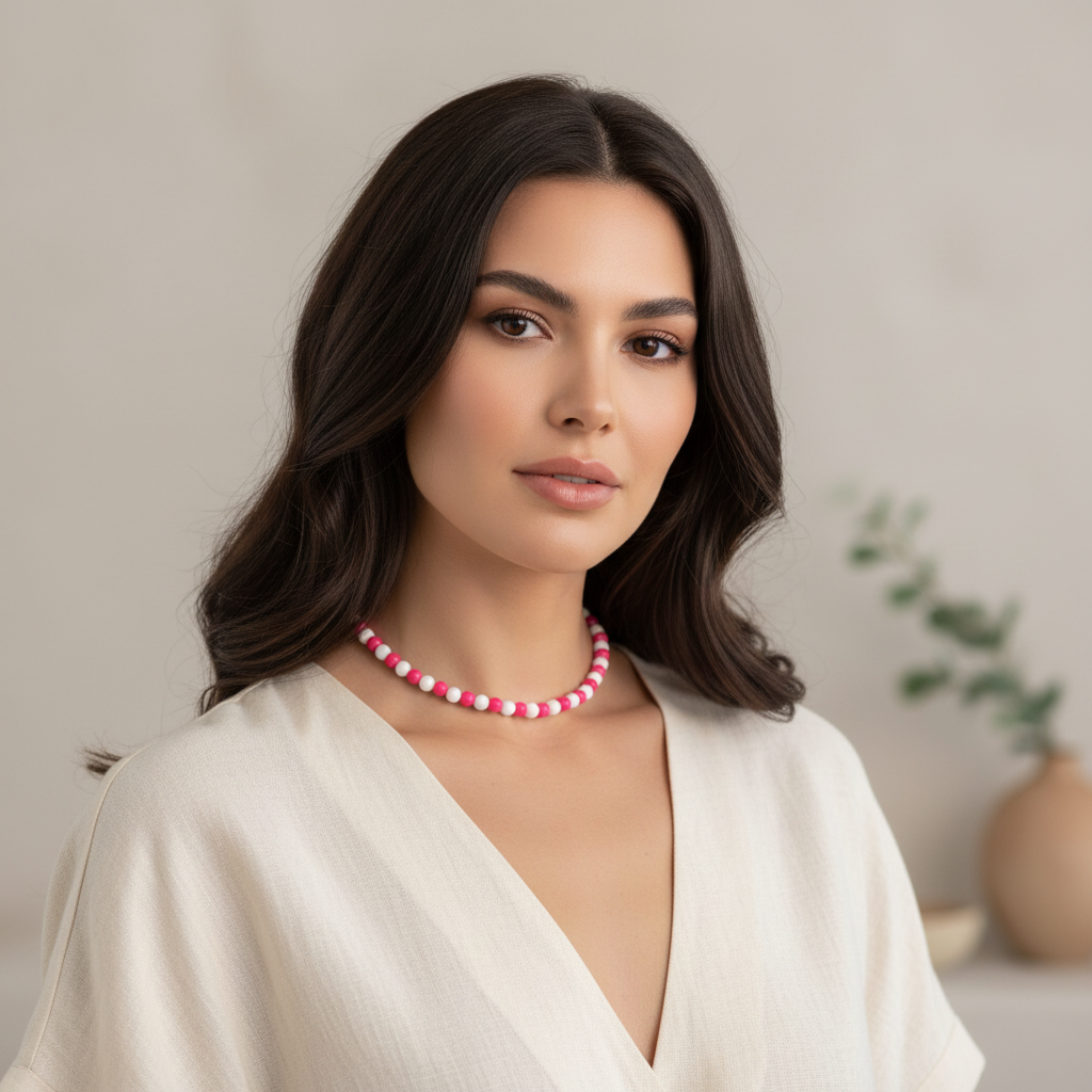 Pink and White Czech Beaded Necklace On A Woman
