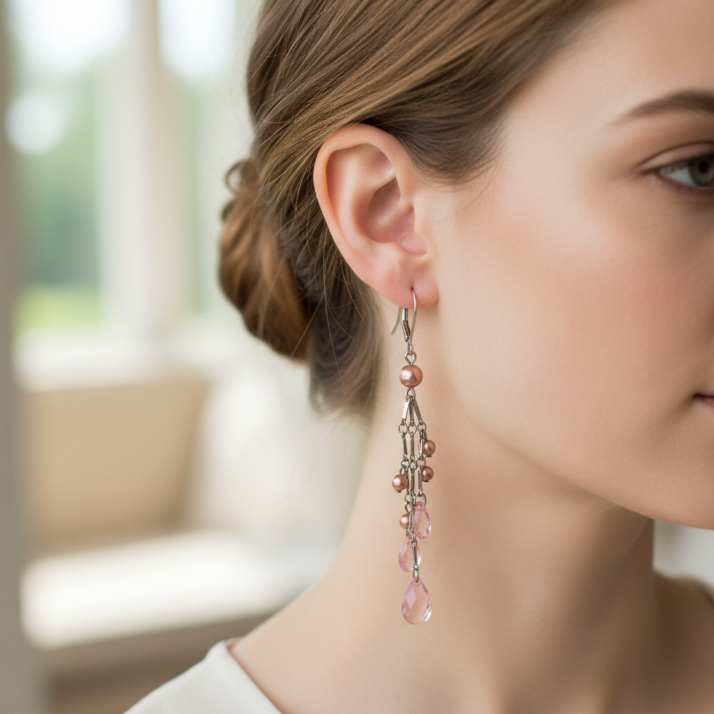 Sterling Silver Pink Beaded Long Earrings On A Model.