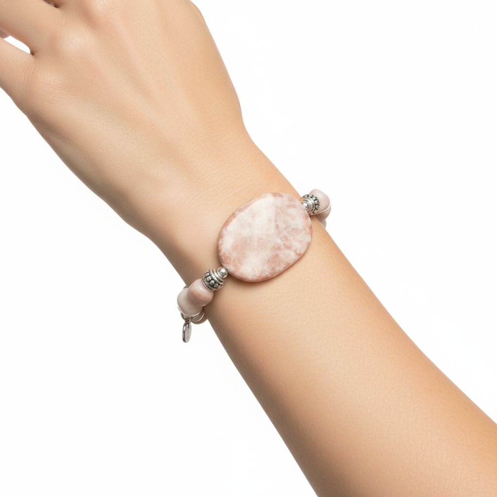 Pink Marble and Feldspar Beaded Bracelet On A Wrist.