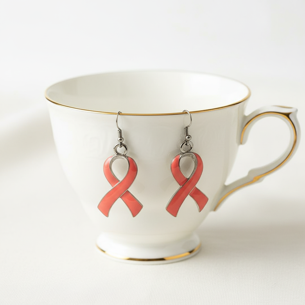 Pink Ribbon Earrings on Tea Cup