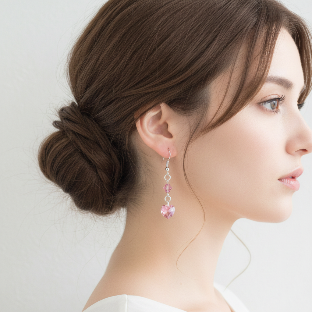 Pink Swarovski Heart Dangle Earrings On A Model.