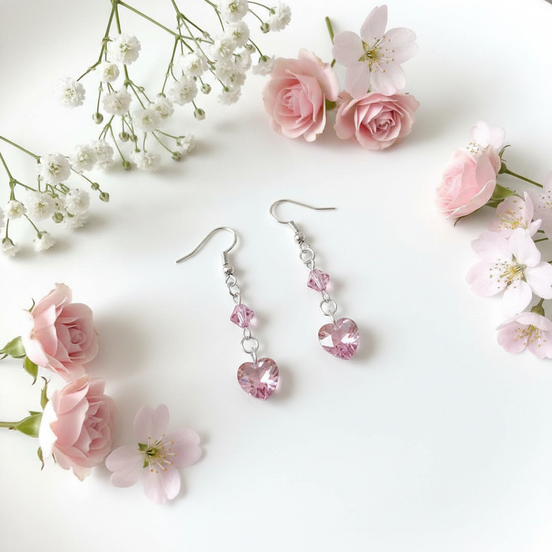 Pink Swarovski Heart Dangle Earrings with Flowers.