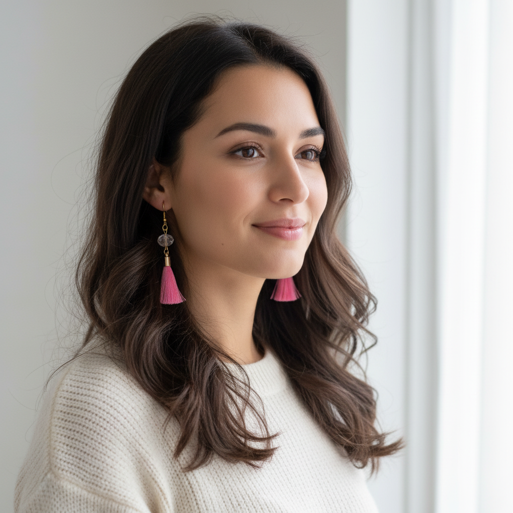 Pink Tassel and Clear Crystal Earrings On a Model.