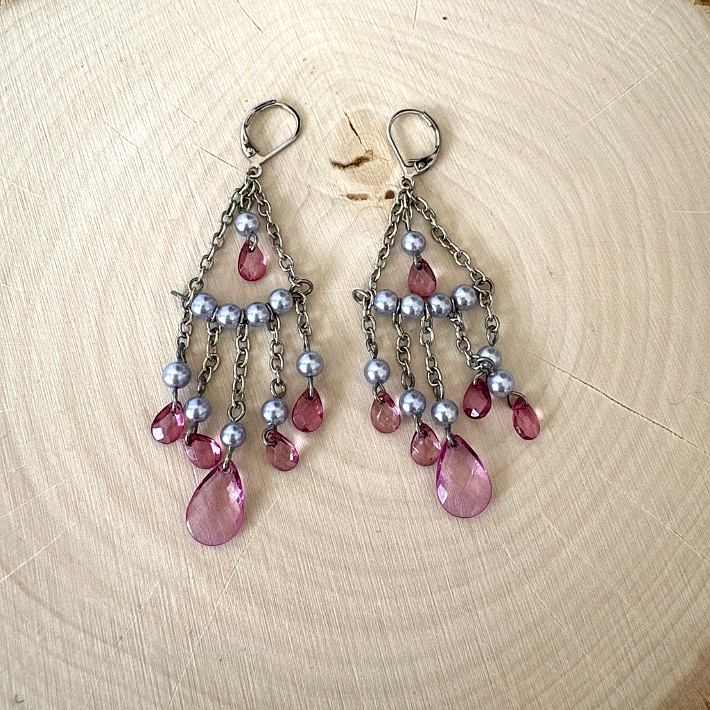 Pink and Sterling Silver Chandelier Earrings.
