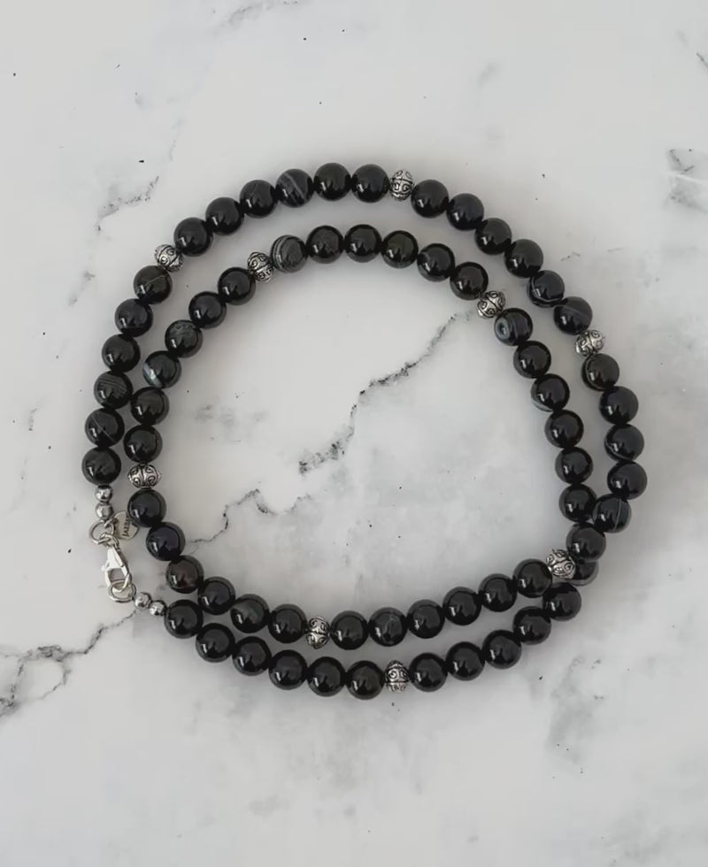 Black Sardonyx and Silver Mens Beaded Necklace Video