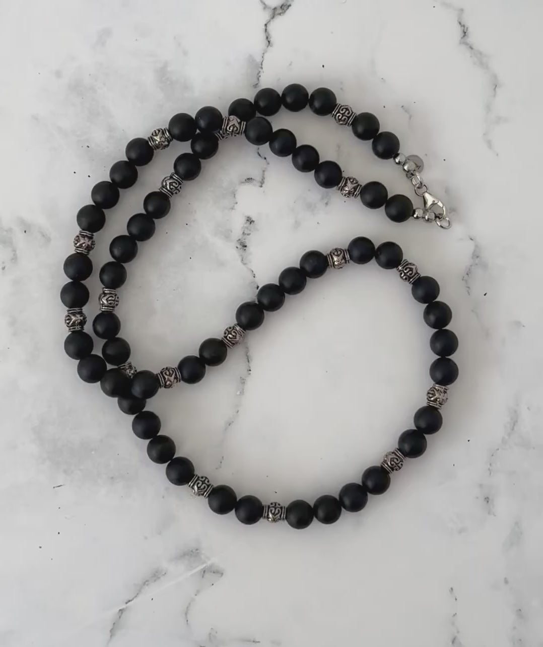 Matte Black Onyx and Silver Beaded Mens Necklace Video