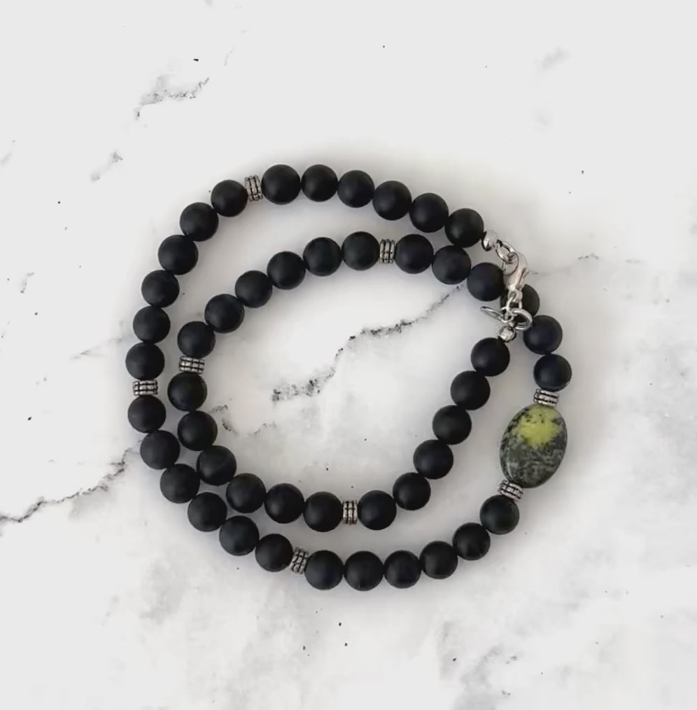 Matte Black Onyx and Serpentine Mens Beaded Necklace Video