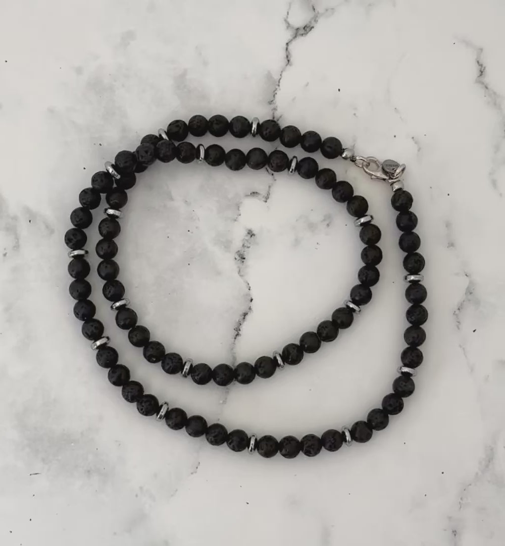 Mens Black Lava and Hematite Disc Beaded Necklace Video