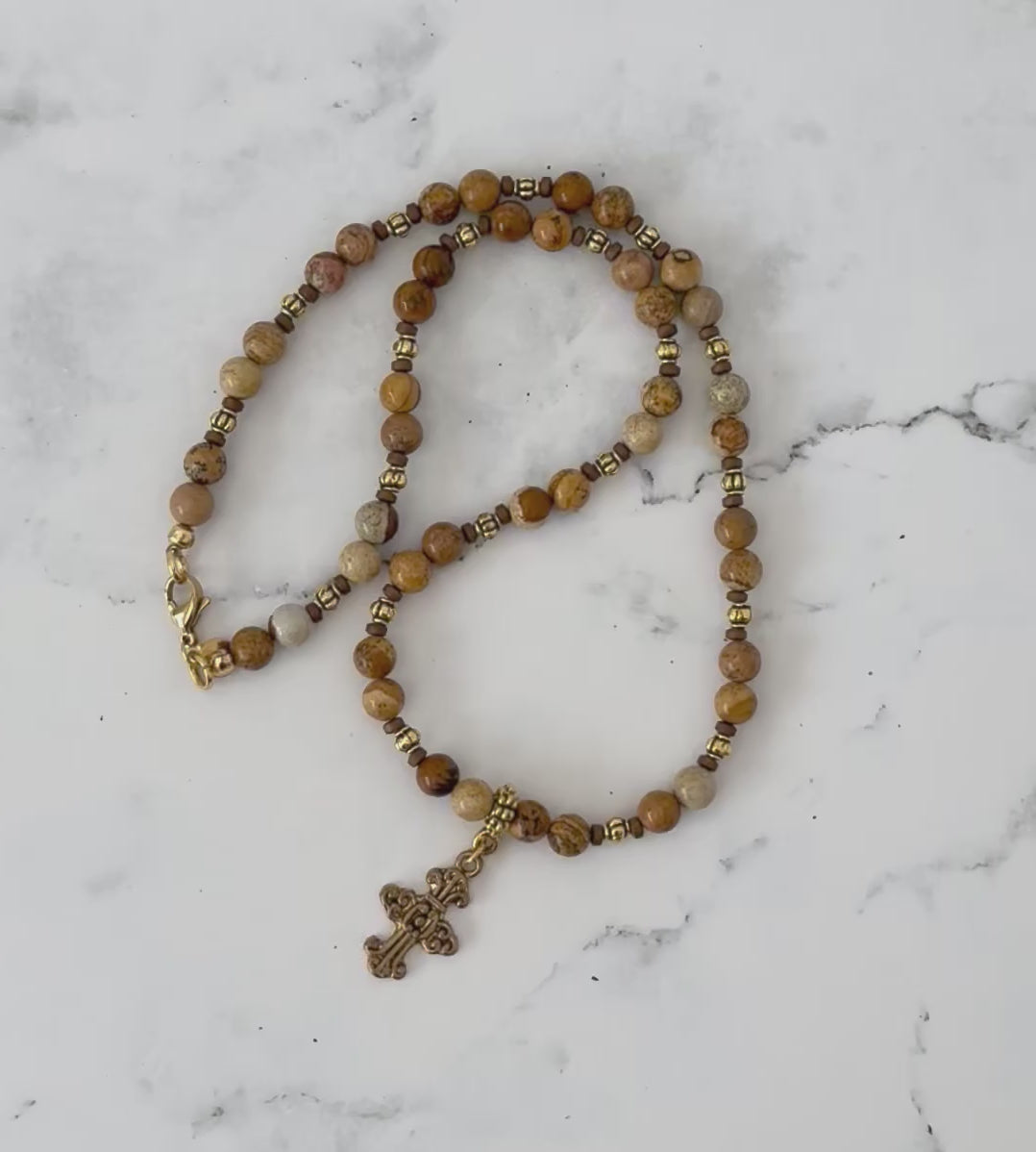 Mens Gold Cross Picture Jasper Beaded Necklace Video