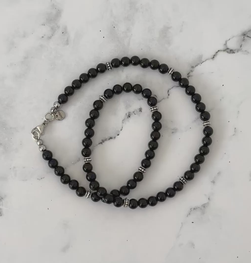 Mens Black Onyx and Silver Beaded Necklace Video