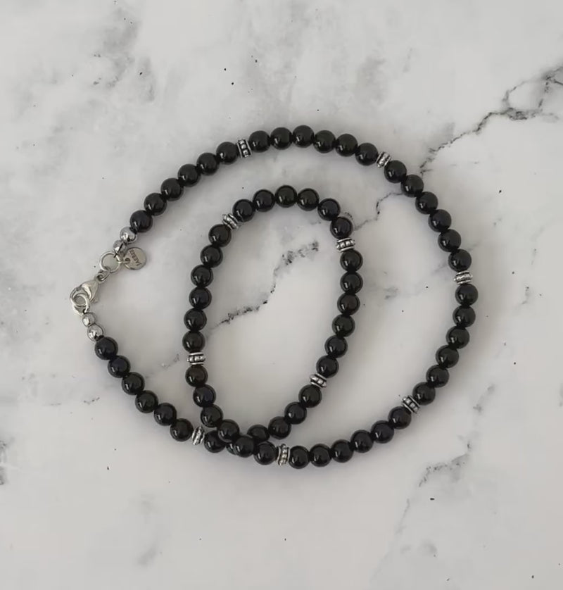 Mens Black Onyx and Silver Beaded Necklace Video