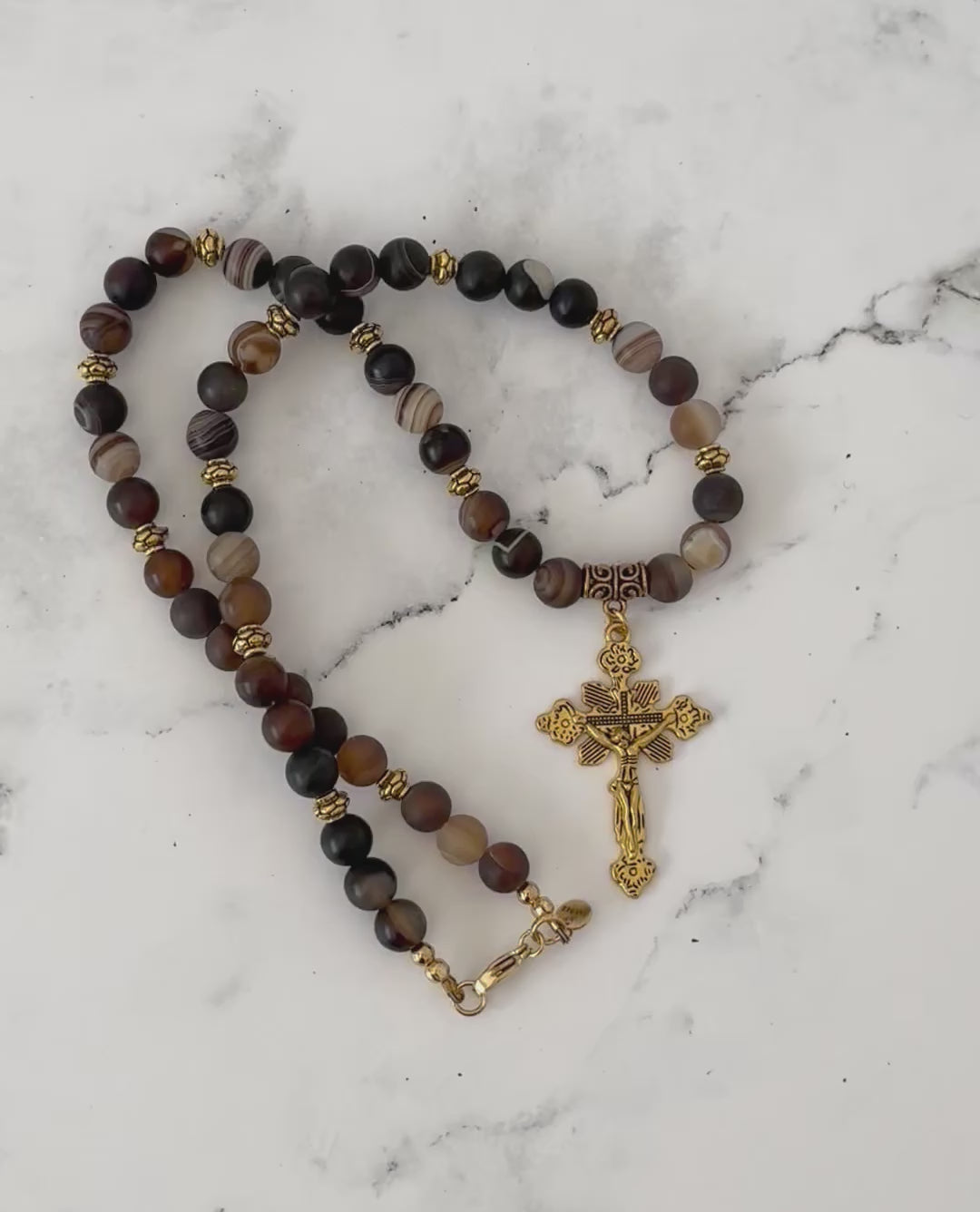 Dark Brown Matte Agate Mens Beaded Necklace With Gold Cross Video