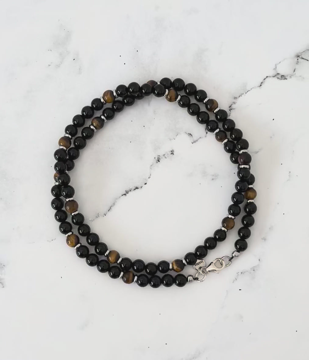 Black Onyx and Tigers Eye 6mm Beaded Mens Necklace