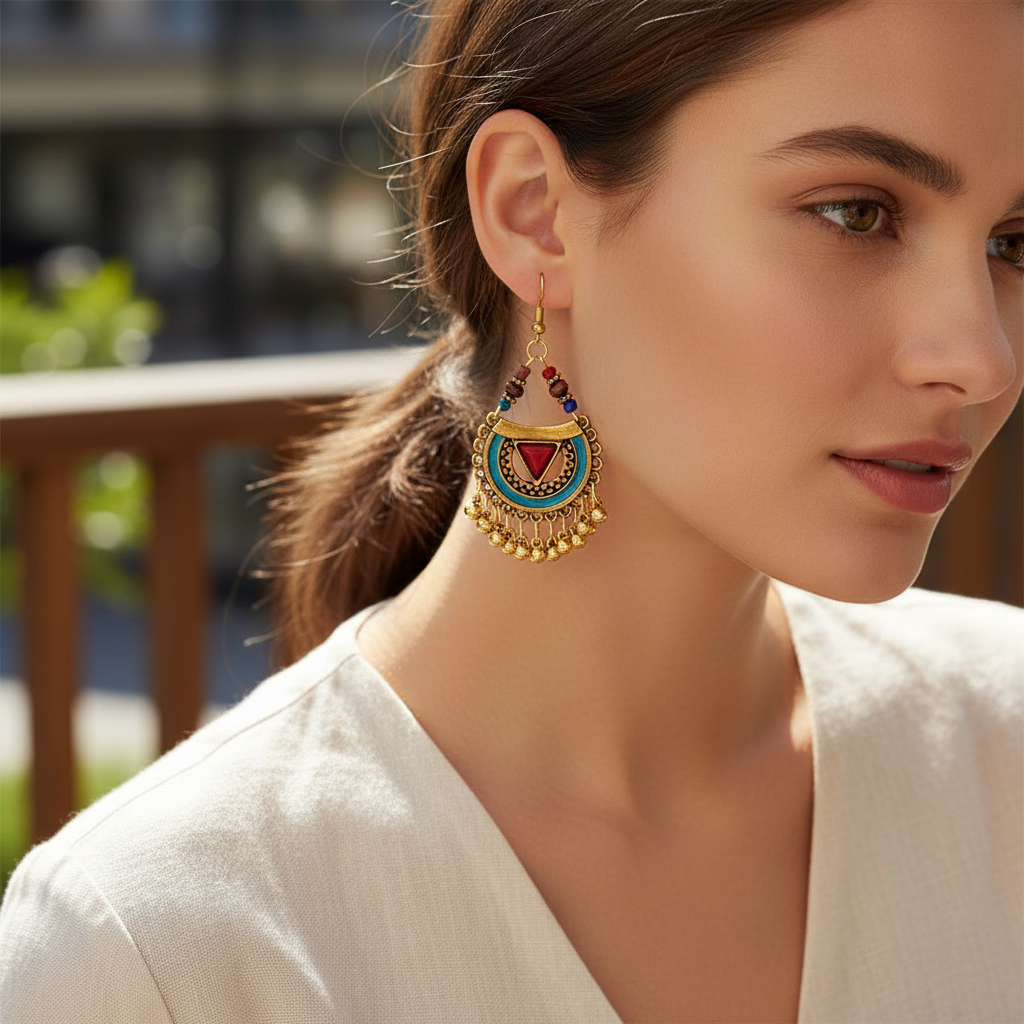 Red and Blue Enamel and Gold Boho Dangle Earrings On A Model.
