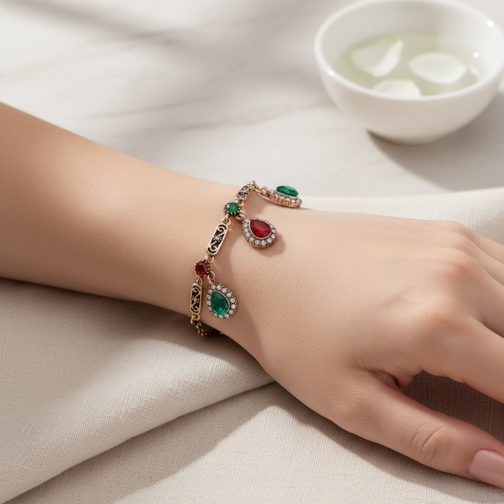 Red and Green Teardrop Bracelet On a Womans Wrist.