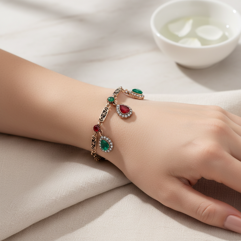 Red and Green Teardrop Bracelet On a Womans Wrist.