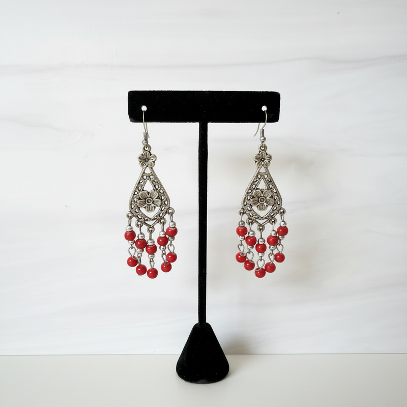 Red and Silver Beaded Flower Dangle Earrings