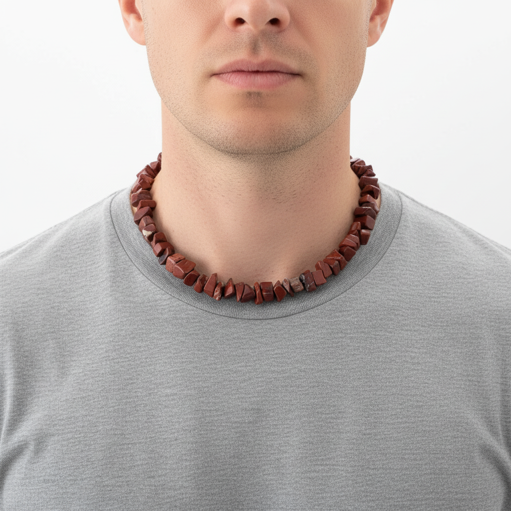 Red Jasper Chip Necklace On A Man.