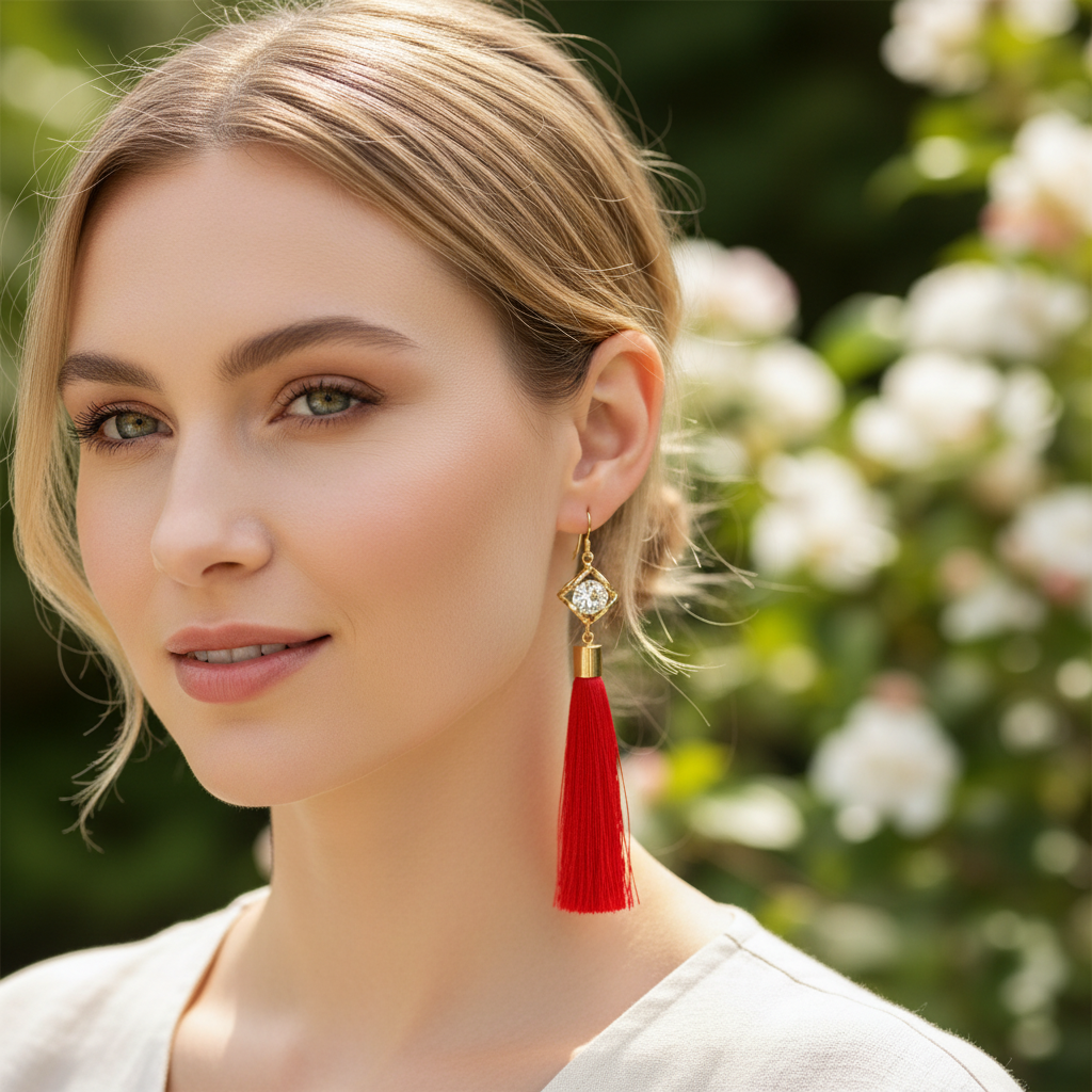 Red Tassel Earrings with Gold Square And Crystal On A Model.