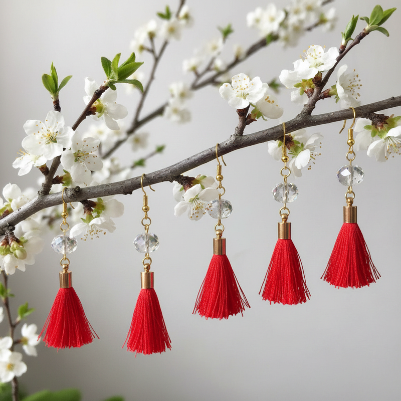 Red Tassel Earrings on a Branch with White Flowers.