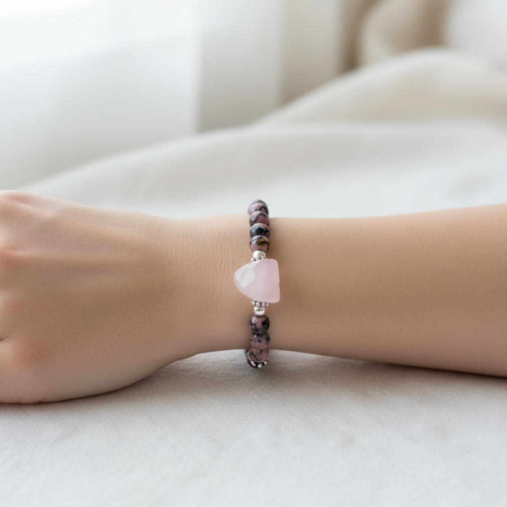 Rhodonite and Rose Quartz Beaded Bracelet On a Wrist.