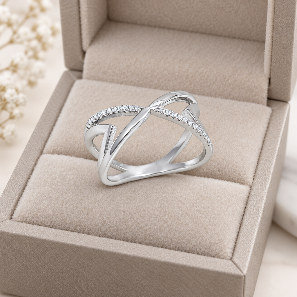 Sterling Silver Geometric CZ Ring in an open jewelry box