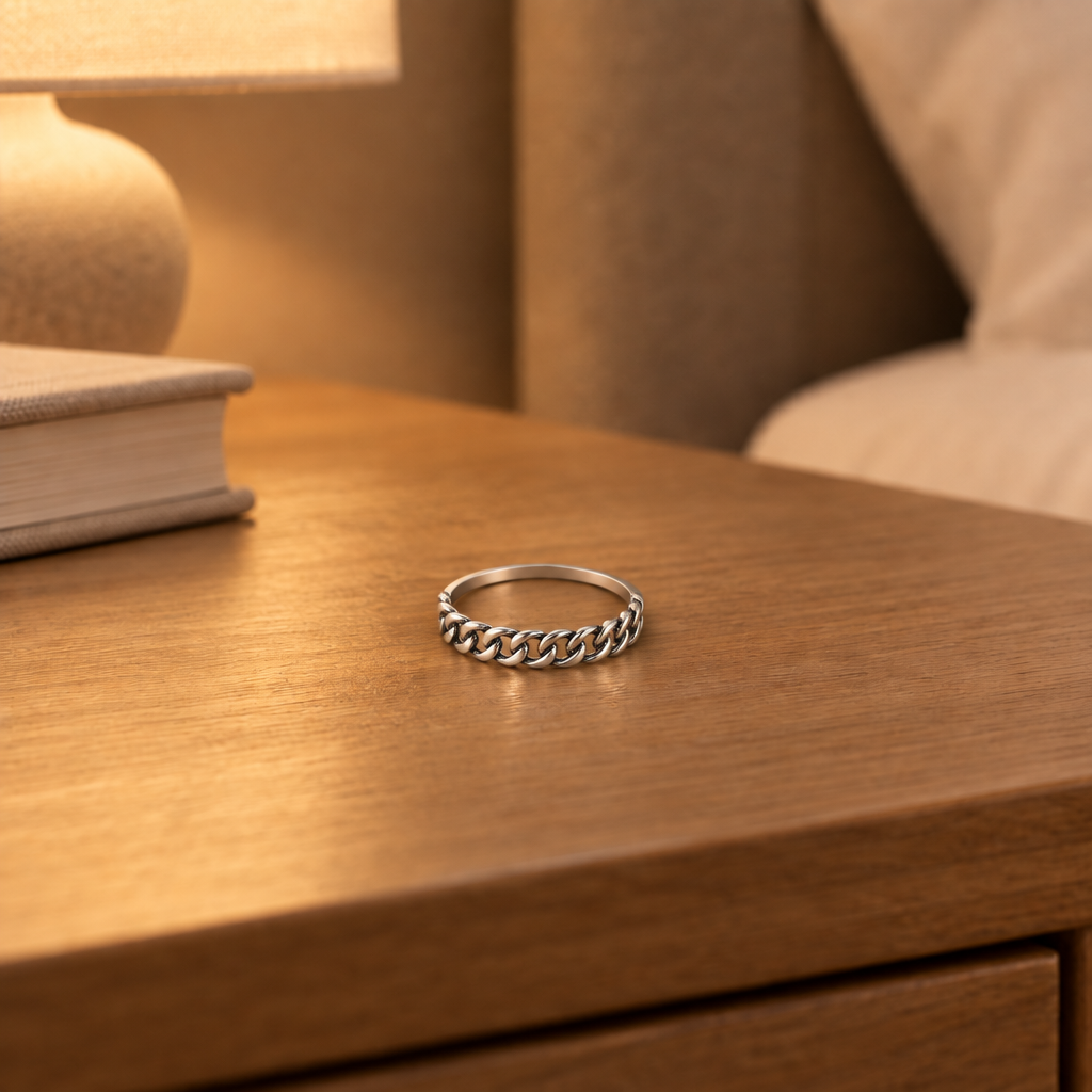 Ring lying completely flat on the nightstand