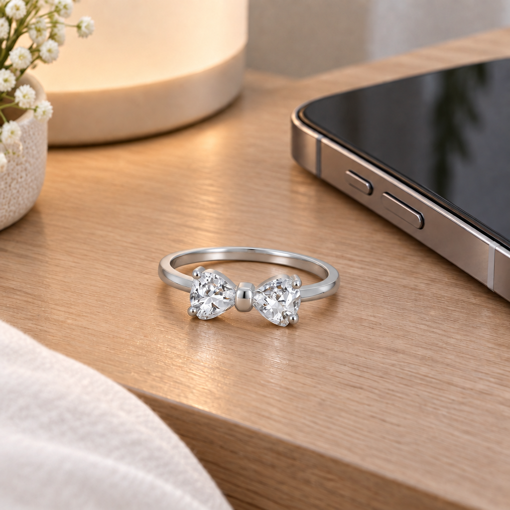 Sterling Silver CZ Bow Ring on a nightstand beside a phone