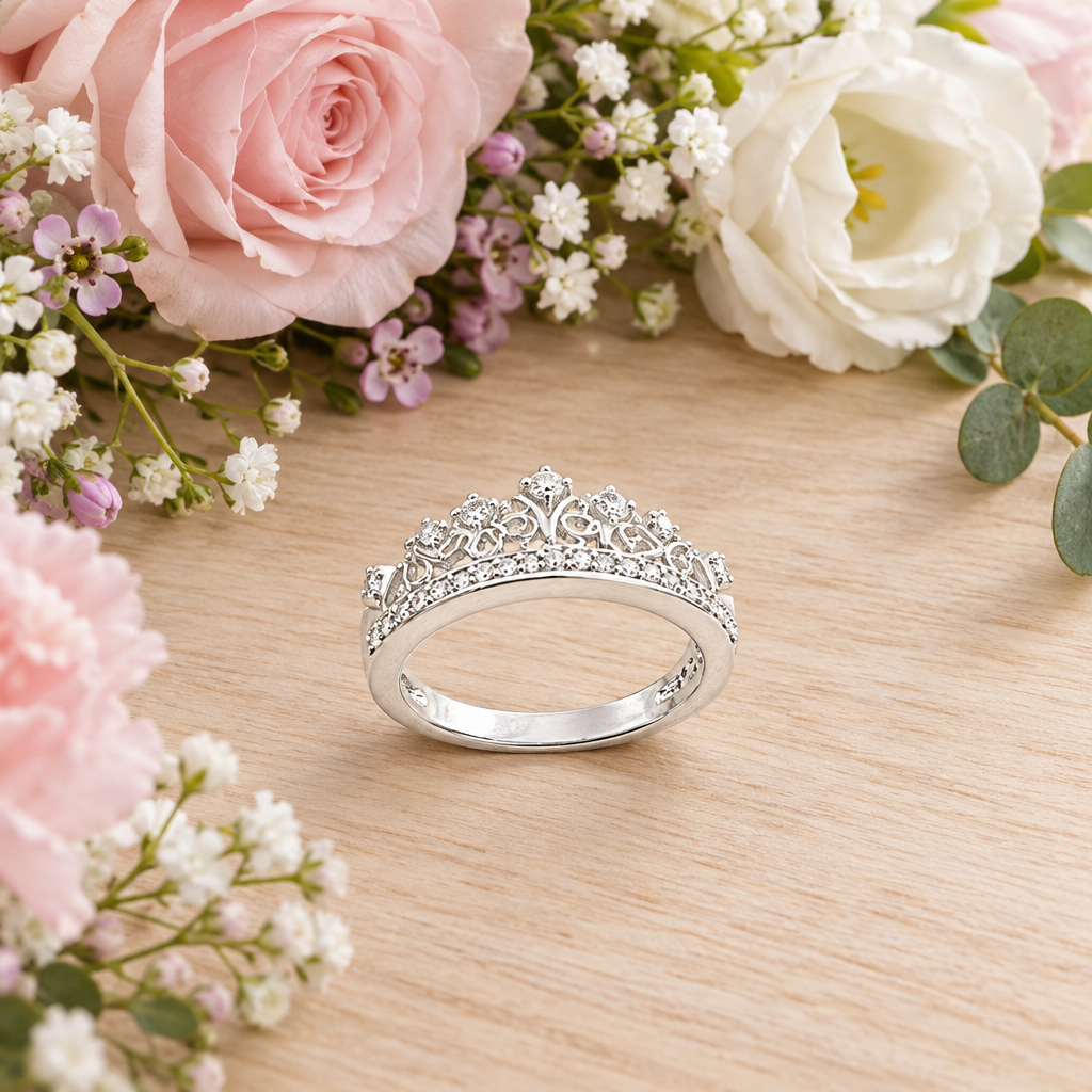 Sterling Silver Princess Crown Ring beside a bouquet