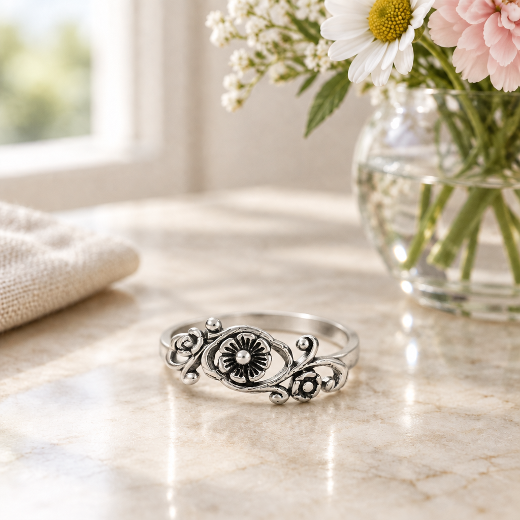 Sterling Silver Flower and Leaves Ring beside a flower vase