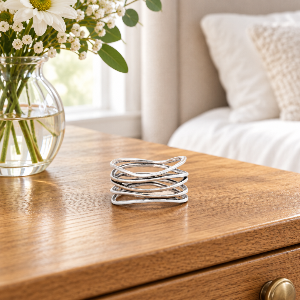 Sterling Silver Multi Wrap Wire Ring on a dresser beside a flower vase