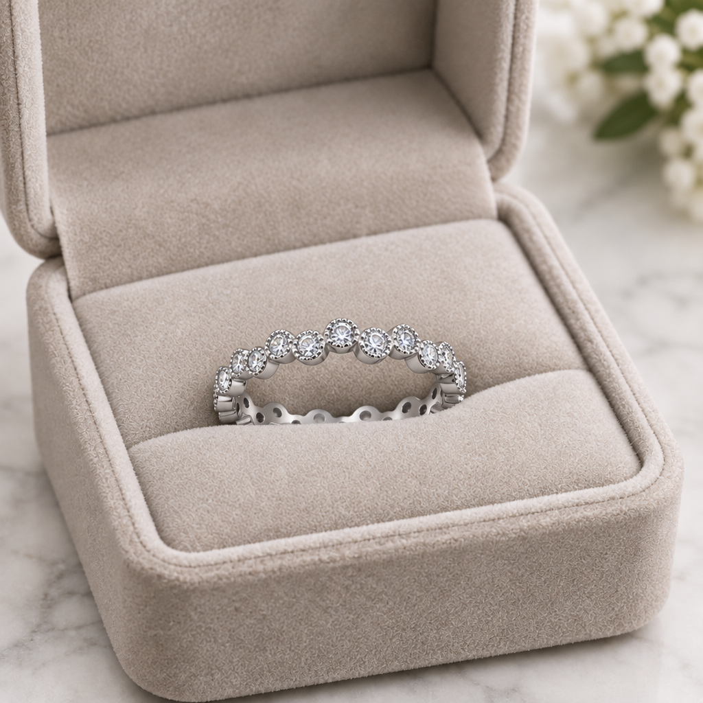 Sterling Silver Wavy CZ Stackable Ring inside a jewelry box
