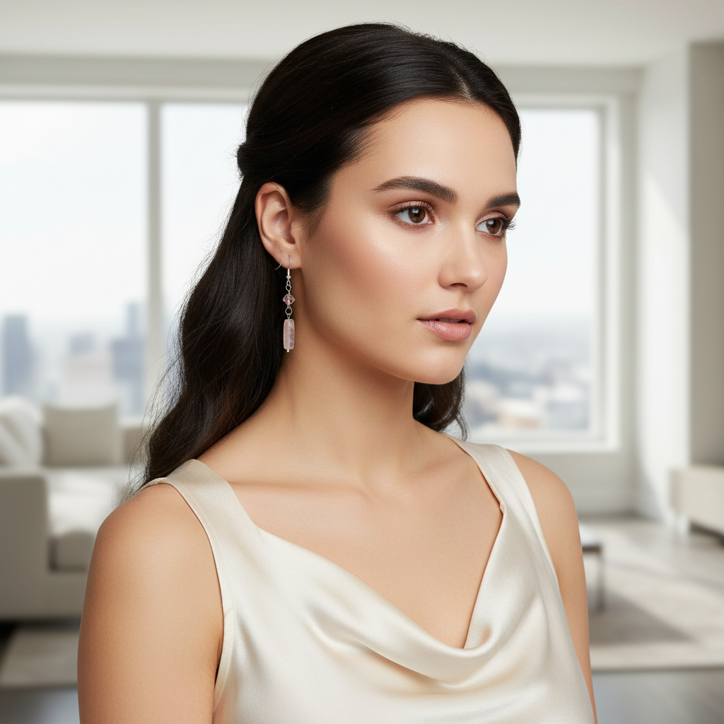 Rose Quartz and Swarovski Crystal Dangle Earrings On A Model.