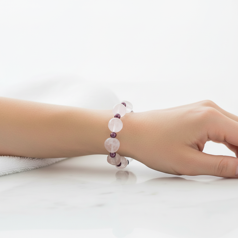 Rose Quartz Bracelet On A Wrist.