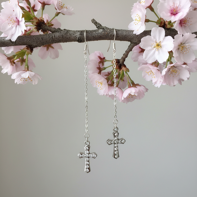Silver and Crystal Cross Earrings on Branch with Flowers.